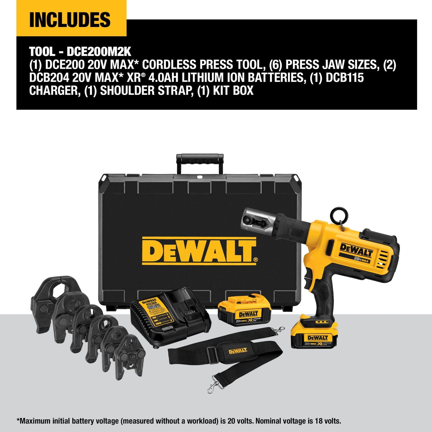 DEWALT 20V MAX Cordless Plumbing Pipe Press Tool Kit with Crimping Heads, Pro Press Tool For Copper Pipe and Stainless Steel Pipes, ½”-1 ¼”, 2 Batteries and Charger Included (DCE200M2K)