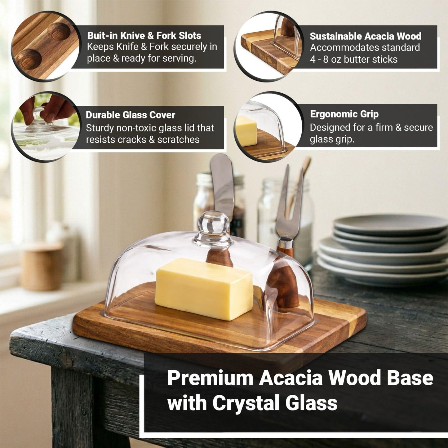 Luxury Butter Dish with Lid and Knife – Modern Glass Butter Dish with Lid for Countertop – Wood Butter Tray & Butter Holder – Large Dish with Lid for 4oz to 8oz Sticks, Cream Cheese, & Fruit