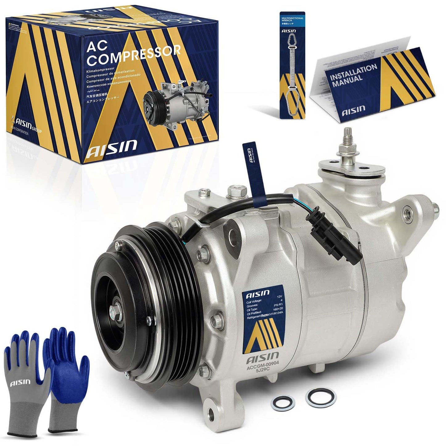 AISIN AFTERMARKET ACCGM-00904 Air Conditioner AC Compressor - Compatible with Chevrolet Silverado GMC Sierra 1500 2019-2023, Silverado Sierra 2500 3500 HD 2020-2023 - with 4-Pulley Groove, with Clutch