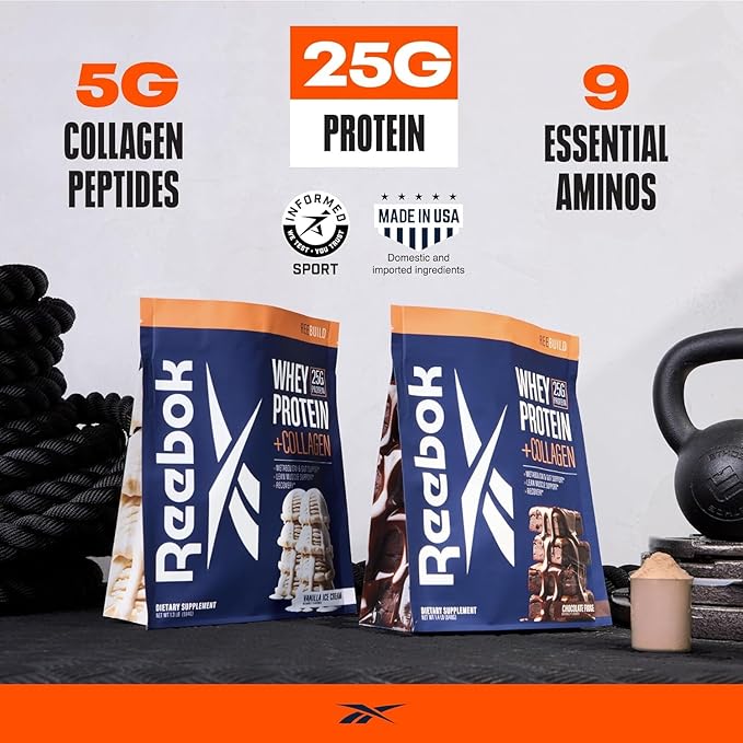 Reebok Whey Protein Powder + Collagen Peptides | 25g Protein with 9 Essential Amino Acids | Muscle Recovery, Joint & Gut Support | Informed-Sport Certified | ReeBuild Vanilla Ice Cream Flavor, 1.3 lb