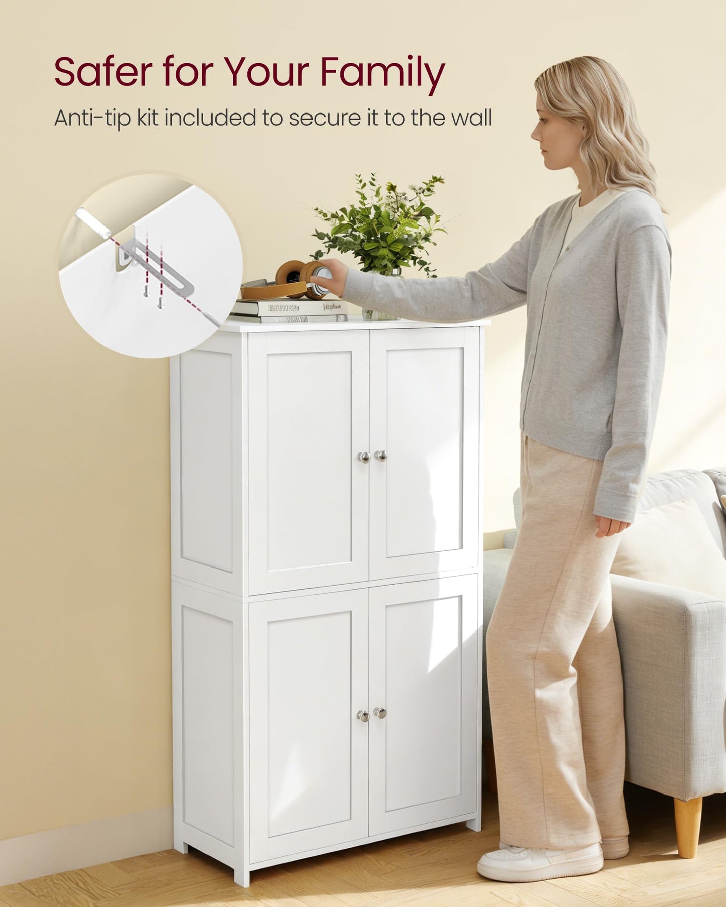 VASAGLE Floor Storage Cabinet, Shaker Cabinet with 2 Adjustable Shelves, 4 Doors, Tall Freestanding Organizer Unit, for Kitchen Bathroom Living Room, Cloud White UBBC553WH01S
