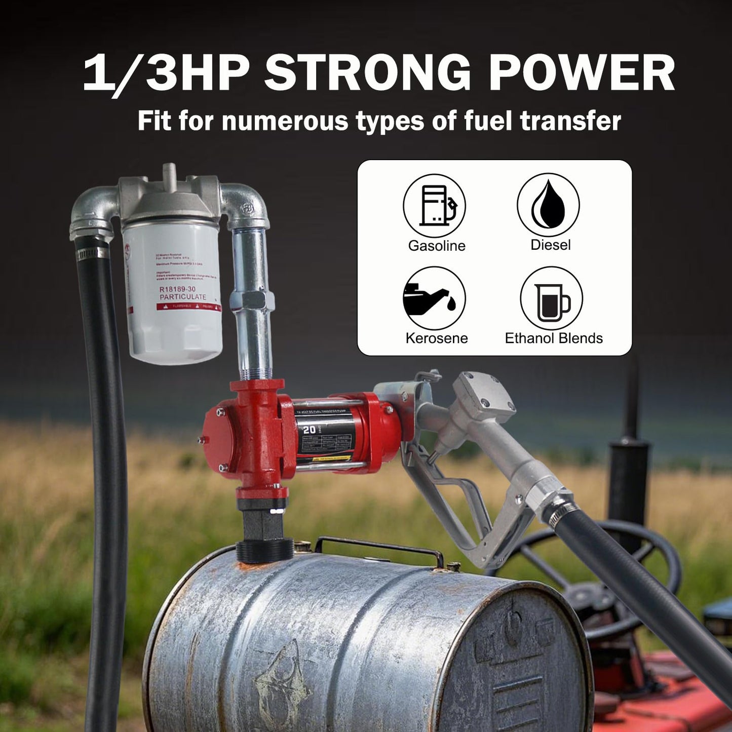 12V DC 20GPM Fuel Transfer Pump with Manual Nozzle & Hose Kit for Gasoline Diesel with Particulate Filter Red