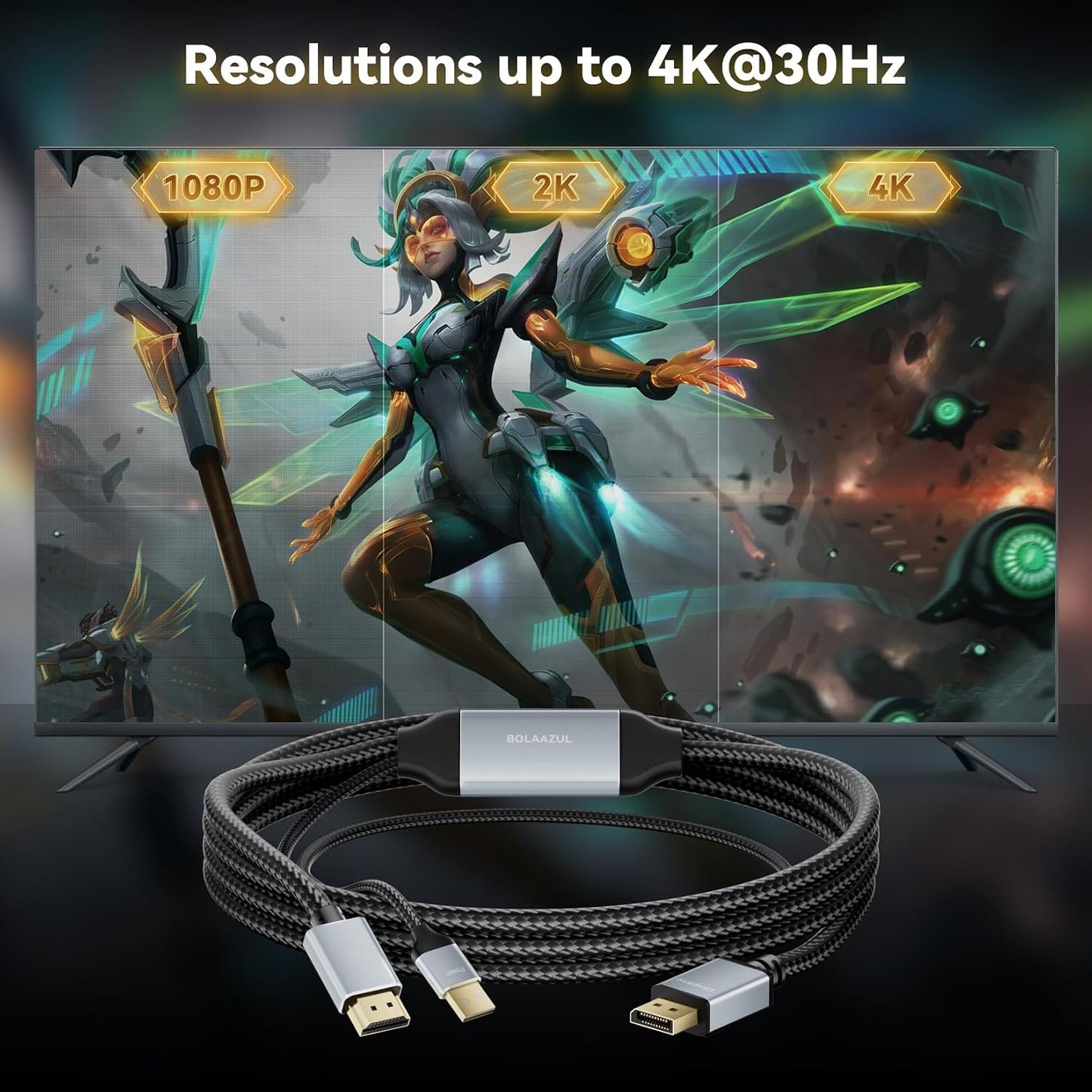 4K 6.6ft BolAAzuL HDMI to DisplayPort Cable - Unidirectional HDMI Source to Displayport Monitor Cable - USB
