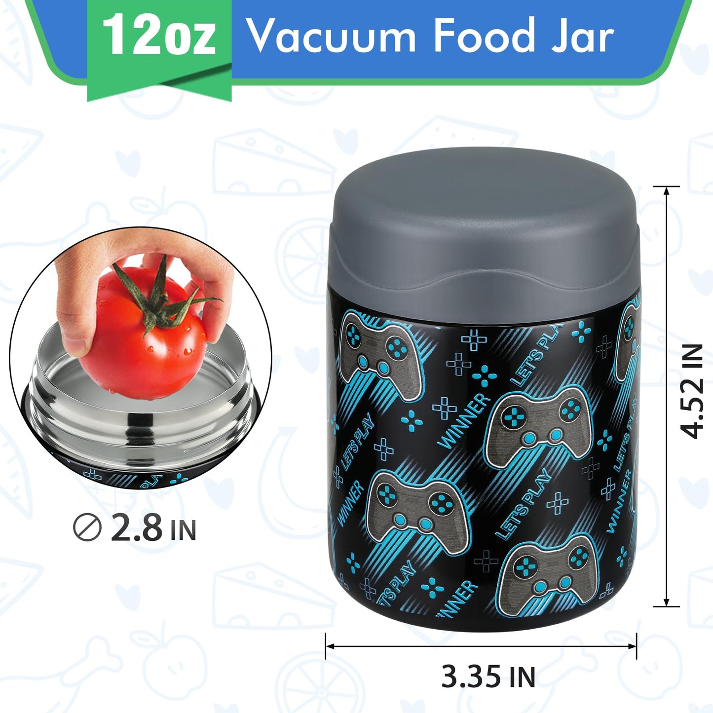 wiwens 12oz Soup Thermo for Hot Food Kids Insulated Food Jar Wide Mouth Lunch Container Leak Proof Stainless Steel Vacuum for School Office Travel Outdoors Black-Gamepad