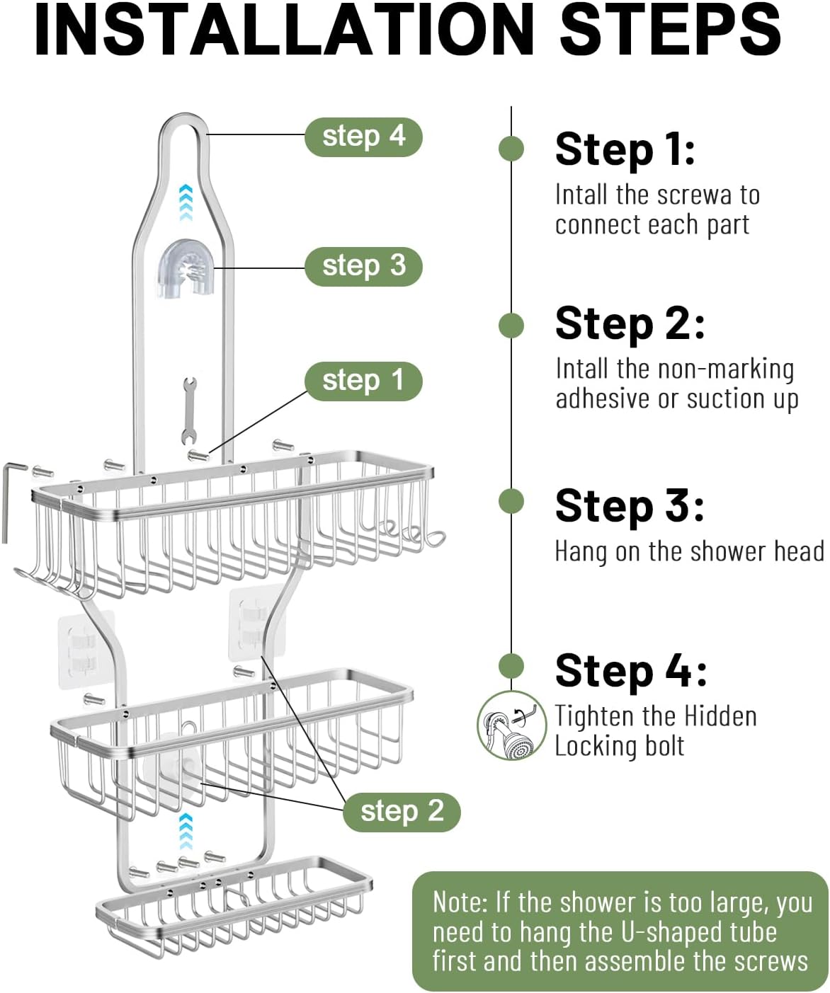 Regine Switzerland Shower Caddy - Rust-Free Aluminum Hanging Organizer with 6 Hooks for Razors & Sponges | Silver