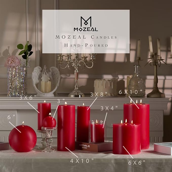 MOZEAL 3" x 6" Hand-Poured Unscented Candle,Dripless Pillar Candle Set of 3,Long Lasting Burning,Approx 120 Hours Burn Time,Rustic Country Style,for Wedding,Dinner,Christmas and Home Decor,Red