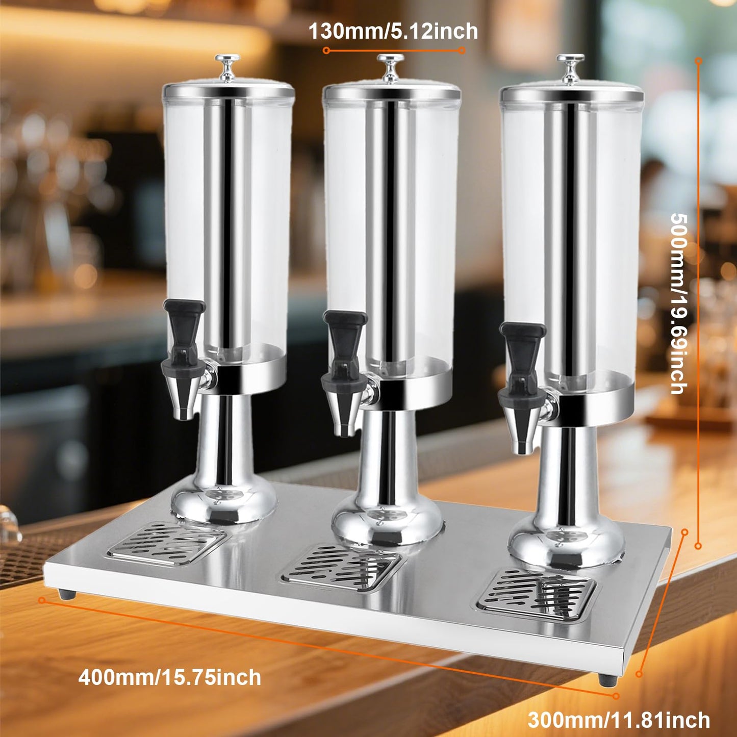 1 Gallon Commercial Beverage Dispenser with Centre Ice Core and Stand Drip Trays Stainless Steel Cold Drink Dispenser for Parties Pub Cafeteria Restaurant Home Hotel (silver, three head)