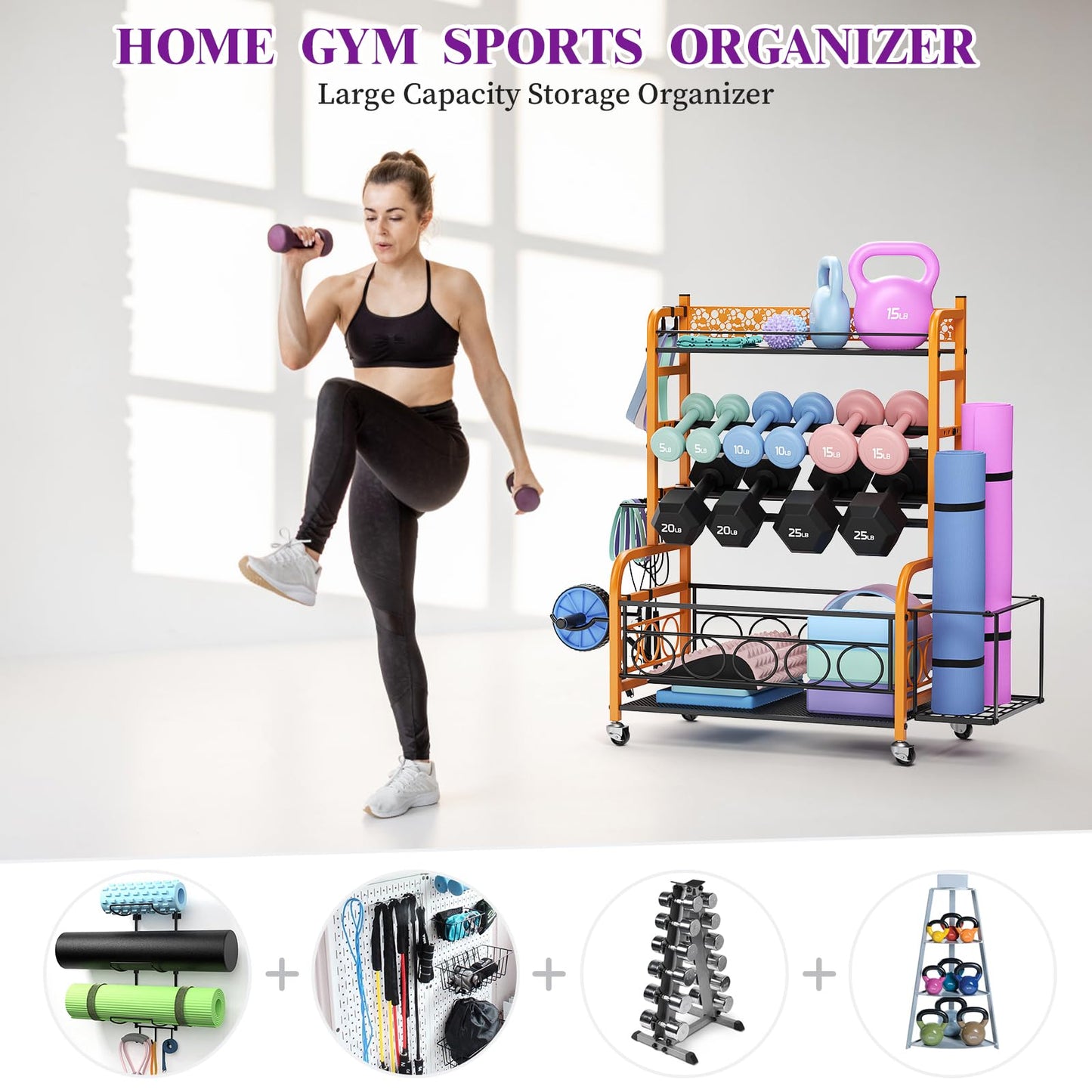 Dumbbell Rack,VOPEAK Weight Rack for Dumbbells, Weight Rack for Home Gym, Home Gym Storage Rack for Yoga Mat Kettlebells and Strength Training Equipment, Weight Storage Rack for Dumbbells with Wheels