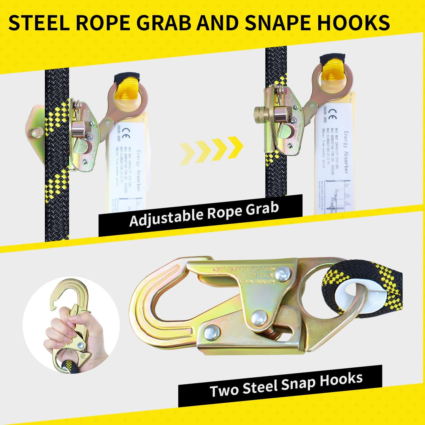 Meyoppm 100FT Vertical Lifeline Assembly, Heavy Duty Fall Protection Safety Rope with Rope Grab, Steel Snap Hooks & Shock Absorber, Tree Climbing High-Altitude Safety Line Kit, ANSI CE