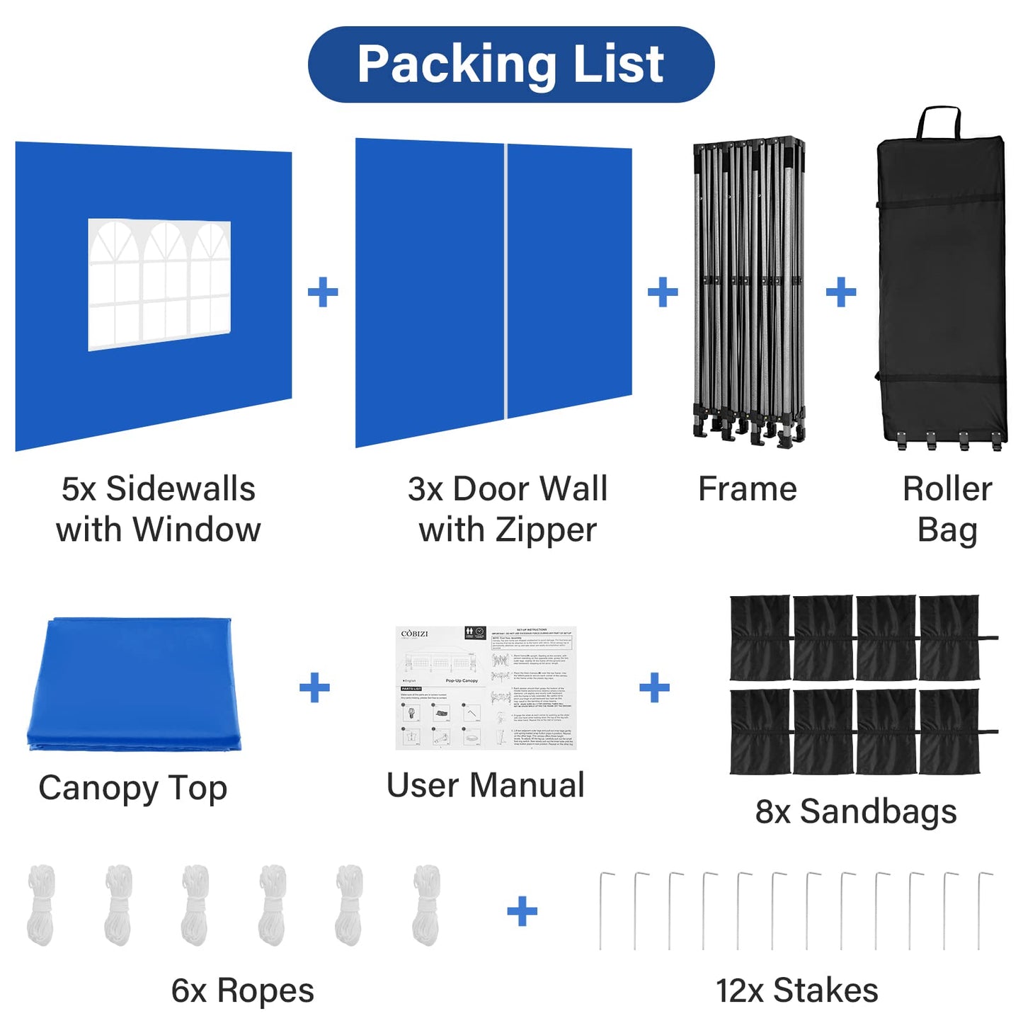 COBIZI 10x30 Pop up Canopy Tent Heavy Duty with 8 Sidewalls, Easy Set-up Commercial Outdoor Party Tent, 100% Waterproof Wedding Gazebo, 3 Height Adjustable with Wheeled Bag, Blue