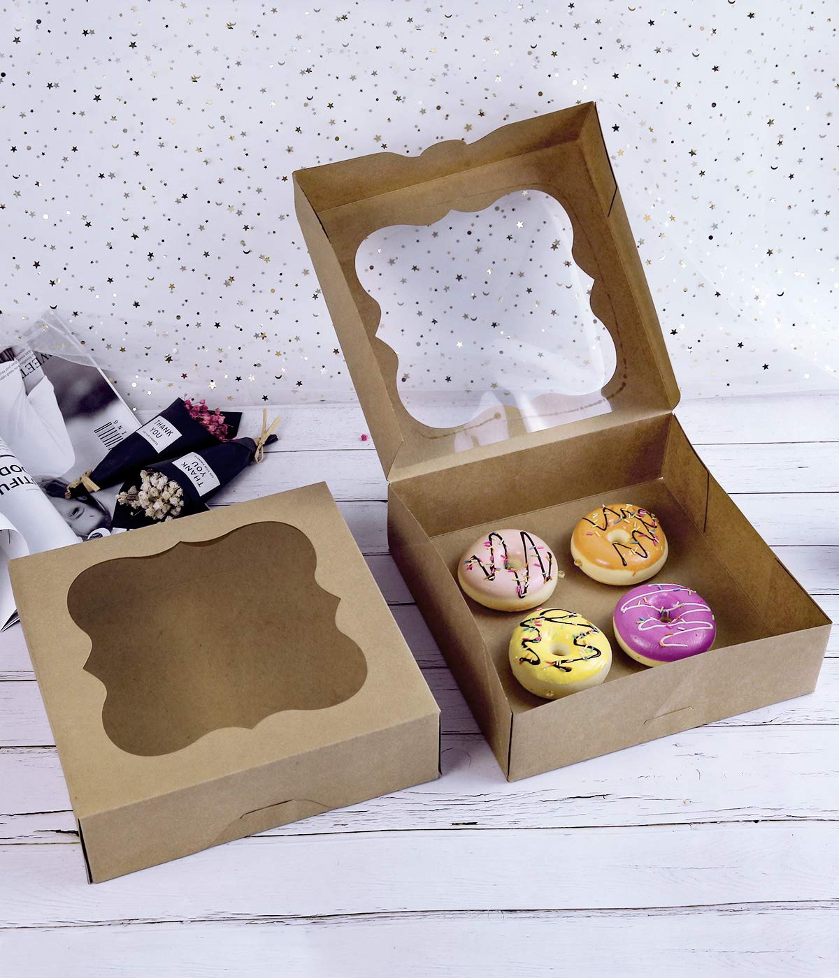 CHERRY 15-Pack 10"x10"x3"Brown Bakery Boxes with PVC Window for Pie and Cookies Boxes Small Natural Kraft Paper Box 10x10x3inch Pack of 15