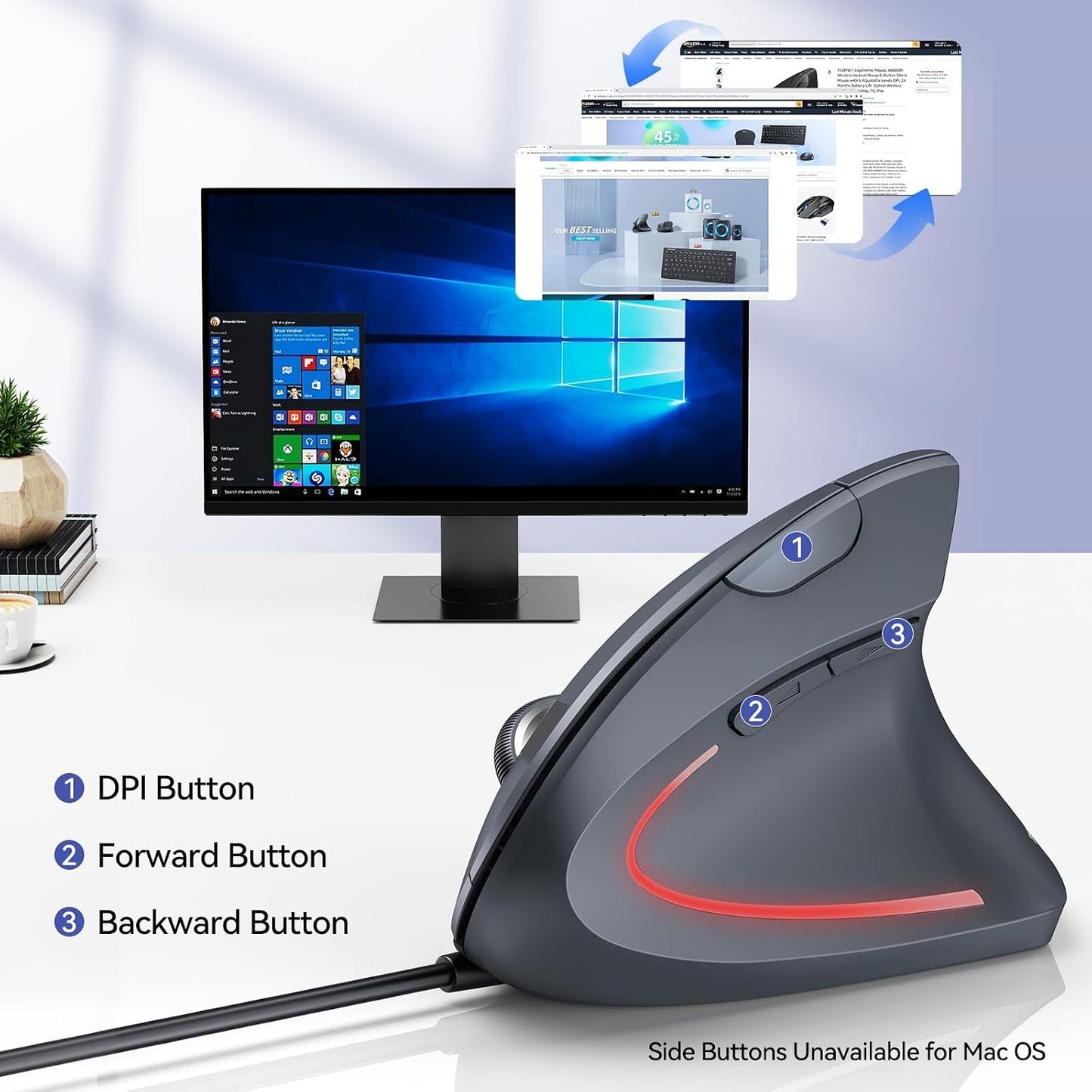 TECKNET 6400 6 4 Wired Mouse, DPI Ergonomic Mouse Buttons Silent Mice Adjustable DPI Vertical Mouse Compatible