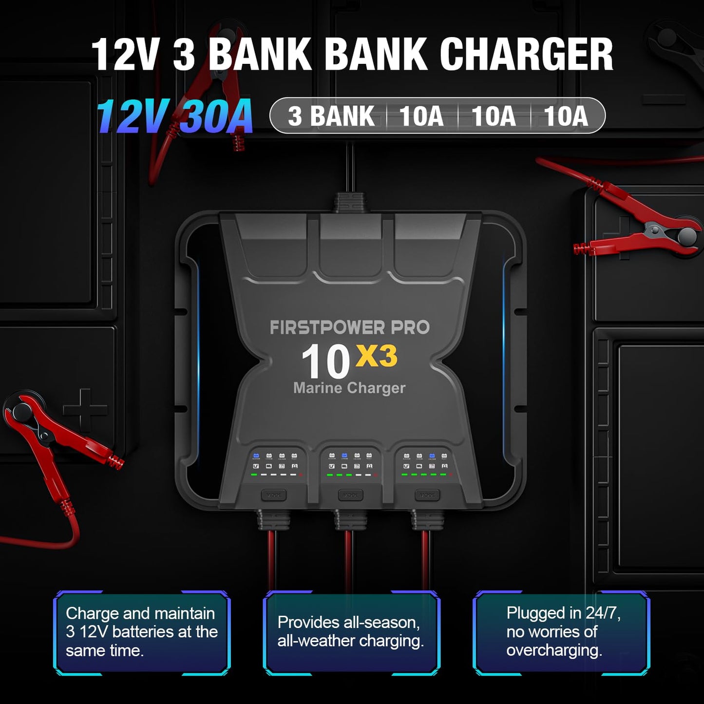 Upgraded 3 Bank Marine Battery Charger 10X3, 30A (10A/Bank) - 12V Waterproof Onboard Battery Charger, Battery Maintainer & Desulfator for SLA/AGM, Lithium (LiFePO4), Calcium & Deep-Cycle Battery