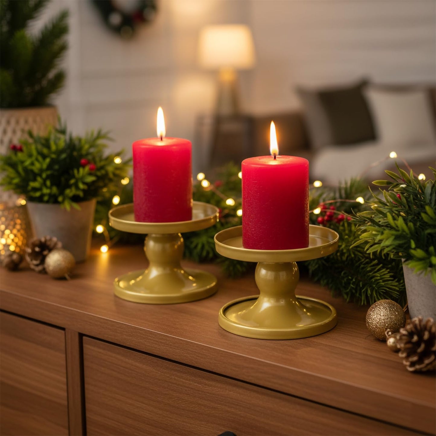 Table Gold Candle Holders - Set of 2 | Reversible Metal Stands for Pillar & Taper Candles | Elegant Home Décor for Weddings & Events