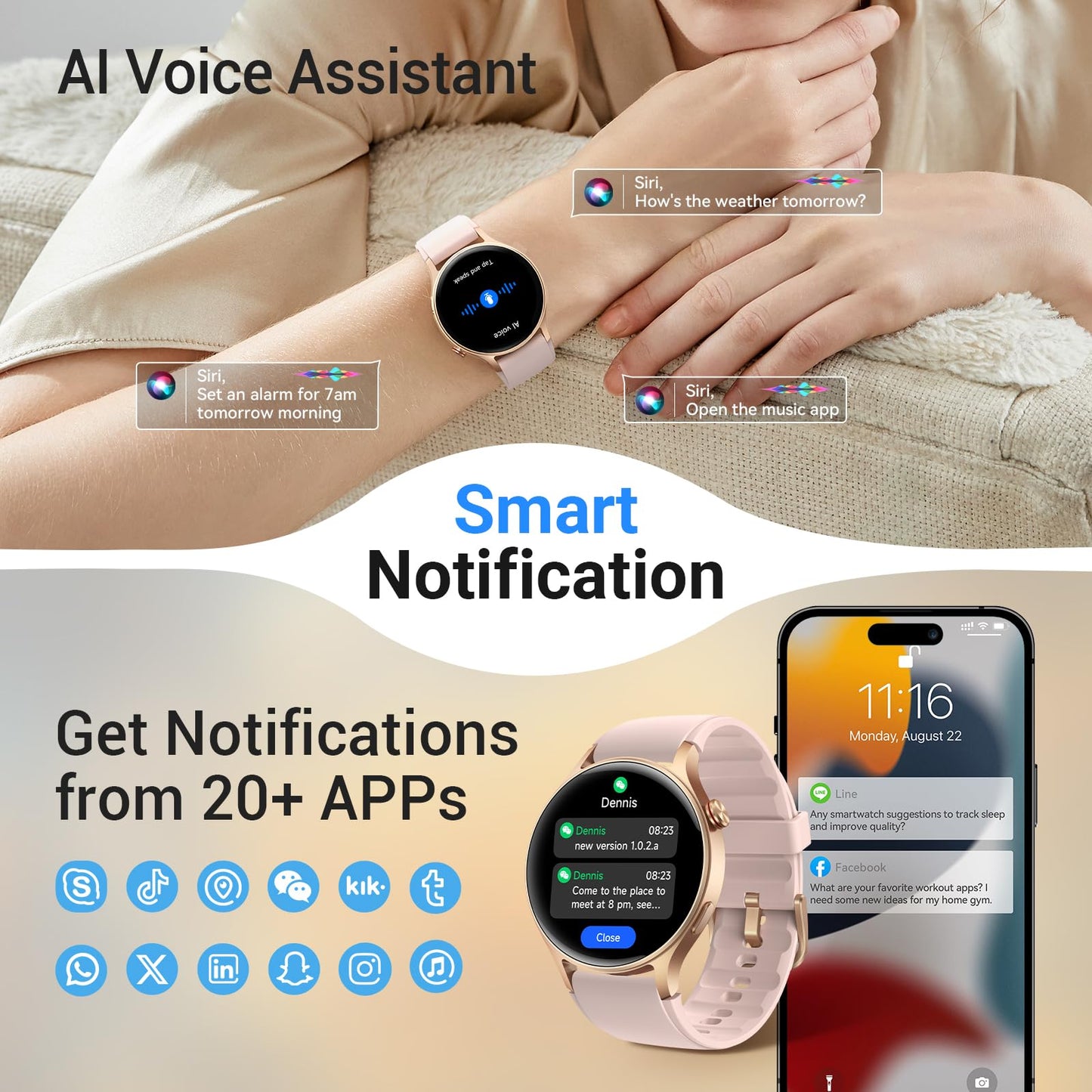 Fitpolo Smart Watch for Women,1.3" AMOLED Touchscreen Fitness Tracker, Make/Answer Calls, Heart Rate SpO2 Monitor, 3ATM Waterproof, Sleep & Activity Tracking Smartwatch for Android Phones iPhone