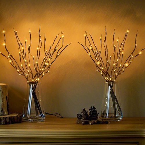 3PCS LED Lighted Branches Lights with Timer Battery Operated, 30 INCH Artificial Willow Brown Branches with Warm White Fairy Lights Vase Decorative Sticks for Home Christmas Party Holiday Home Decor