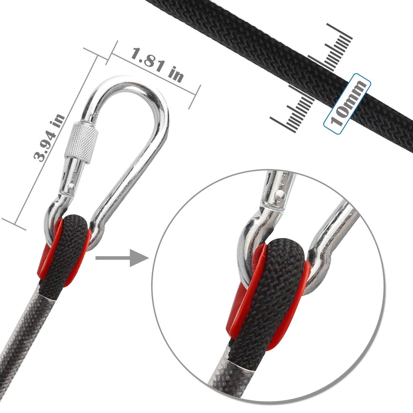 GINEE 10mm Rock Climbing Ropes 35FT Static Outdoor Safety Rope with Carabiner Arborist Tree Climb Rescue Grappling Lifeline Escape Descender Abseiling Rope Magnet Fishing Rope Black