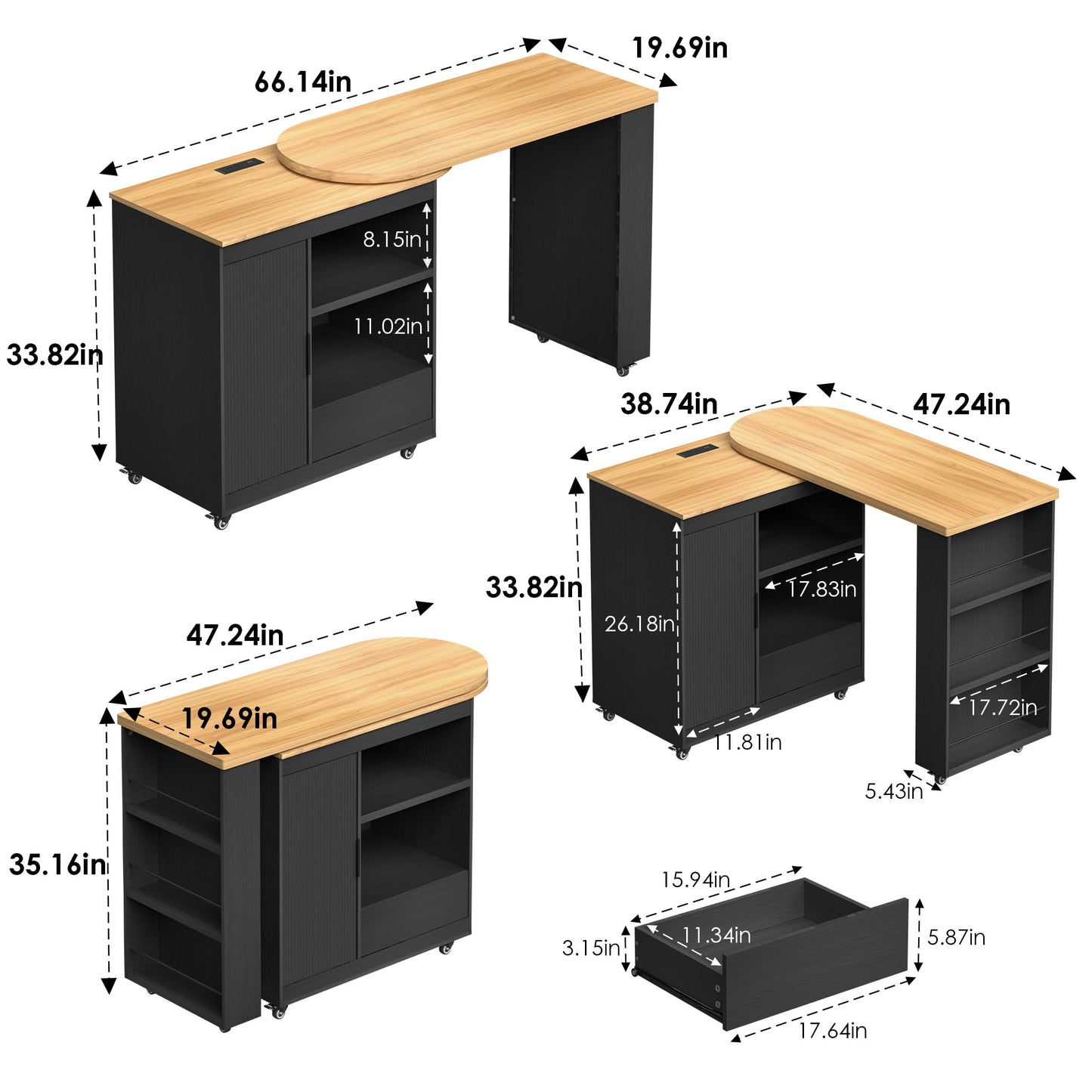 66'' Rolling Kitchen Island with 360° Swivel Tabletop Mobile Kitchen Island with Power Outlet Rotating Kitchen Islands with Storage Cabinets Wood Kitchen Island Table for Kitchen, Bar, Dining Room