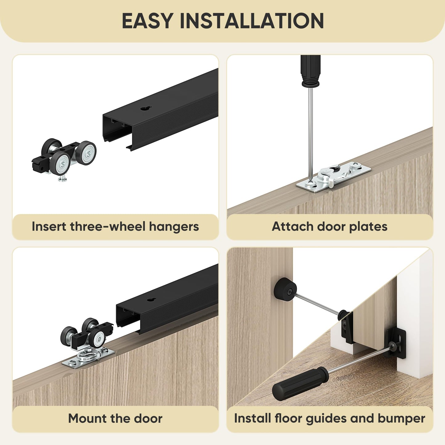 JUBEST 5FT Pocket Door Kit, Commercial Grade Sliding Pocket Door Hardware Kit, Aluminum Box Pocket Door Track 56.75", Sliding Door Kit for 24"~30" Wide Door, Black Pocket Door Hardware,Easy to Install