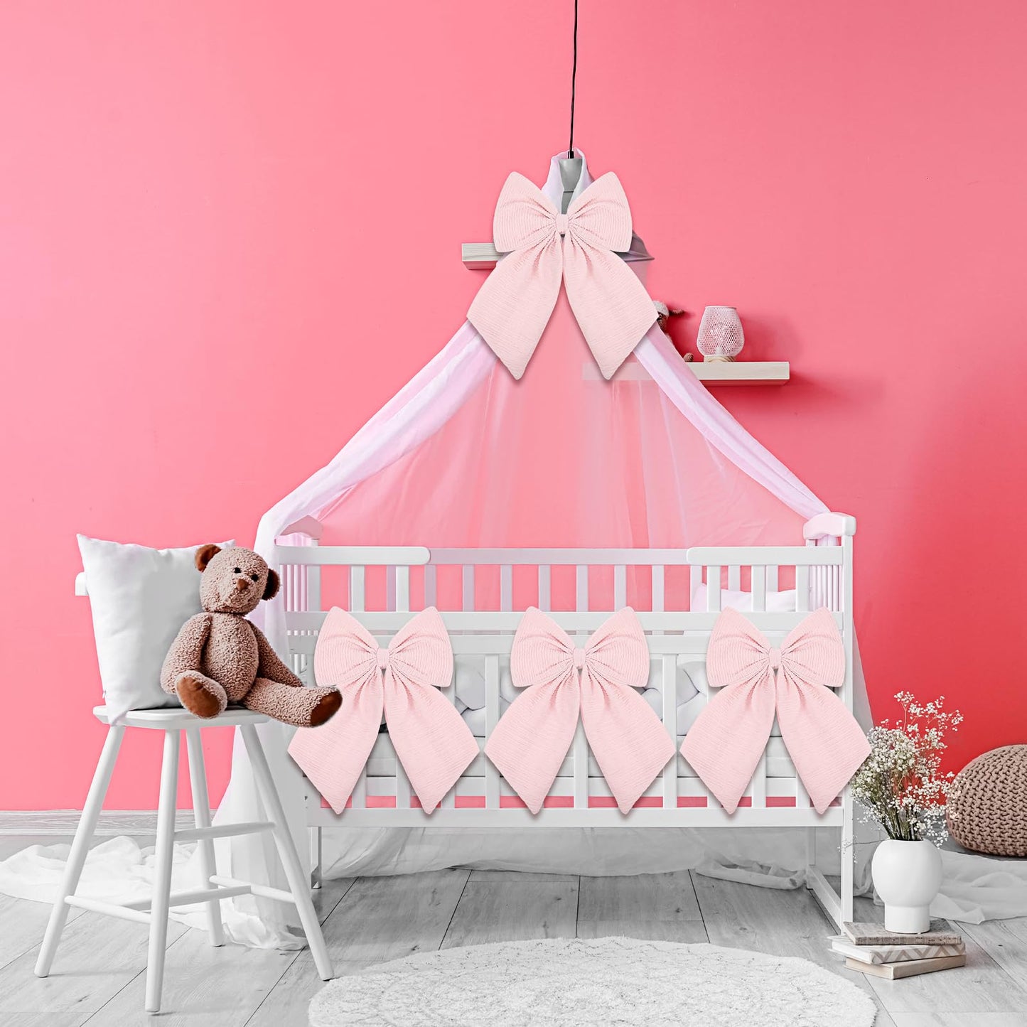 Riceshoot 4 Pcs Large Crib Bows 11 x 16 inch Coquette Bow Decorations for Nursery Crib Canopy Bed Large Bow Room Nursery Decor Infant Bassinet Bedroom Decor for Gender Reveal Gifts (Pink)