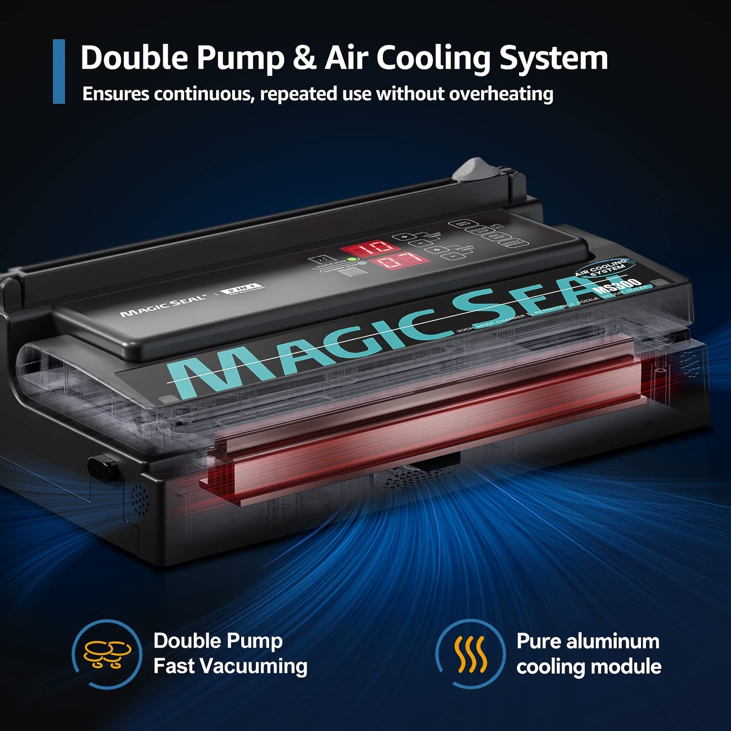 MAGIC SEAL Commercial Dual Mode Vacuum Sealer - for Textured & Smooth/Mylar Bags, 190W Food Sealer Vacuum Packing Machine with Auto Cooling System, Adjustable Air & Seal Settings -MS300