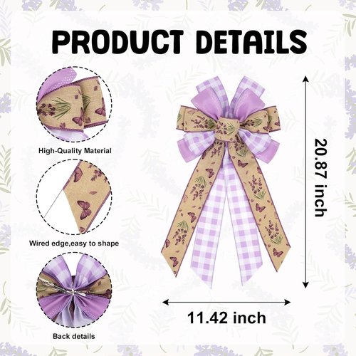 Lavender Butterfly Wreath Bow - 21 Inch Large Purple Burlap Ribbon for Rustic Farmhouse Decor