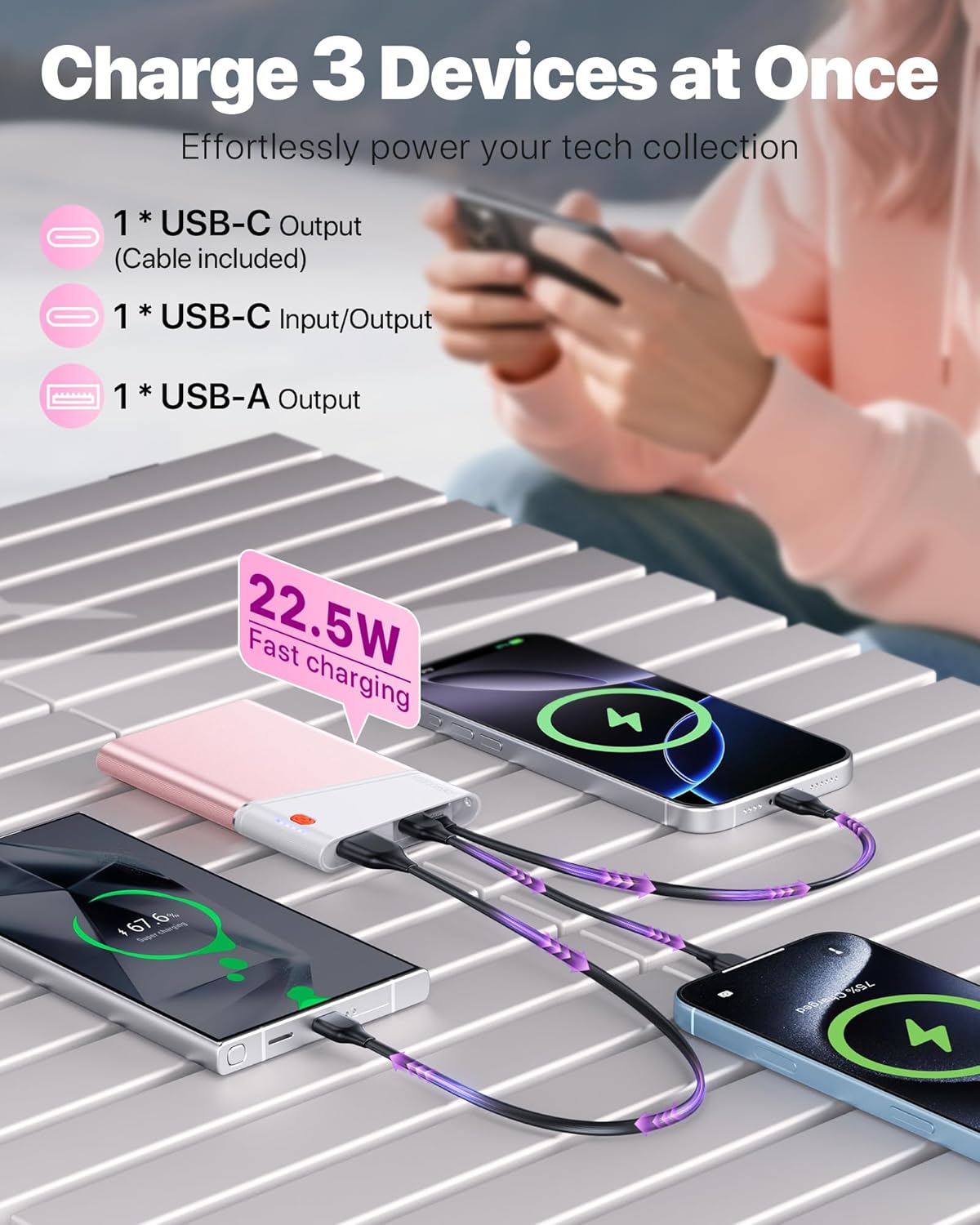 Aaoyun 10000mAh 22.5W Pack 17/16/15 S24 Portable Charger Power Bank, PD Fast Charging Powerbank with Built-in USB C