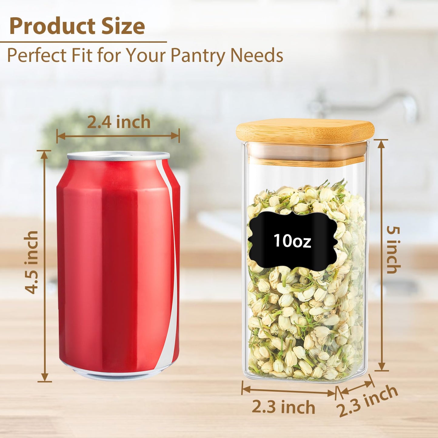 TBWIND 20 Pack 10 oz Square Glass Spice Jars with Lids and Labels – Airtight Small Spice Containers Set, Clear Glass Storage Jars for Seasoning, Spices, Kitchen Pantry Organization