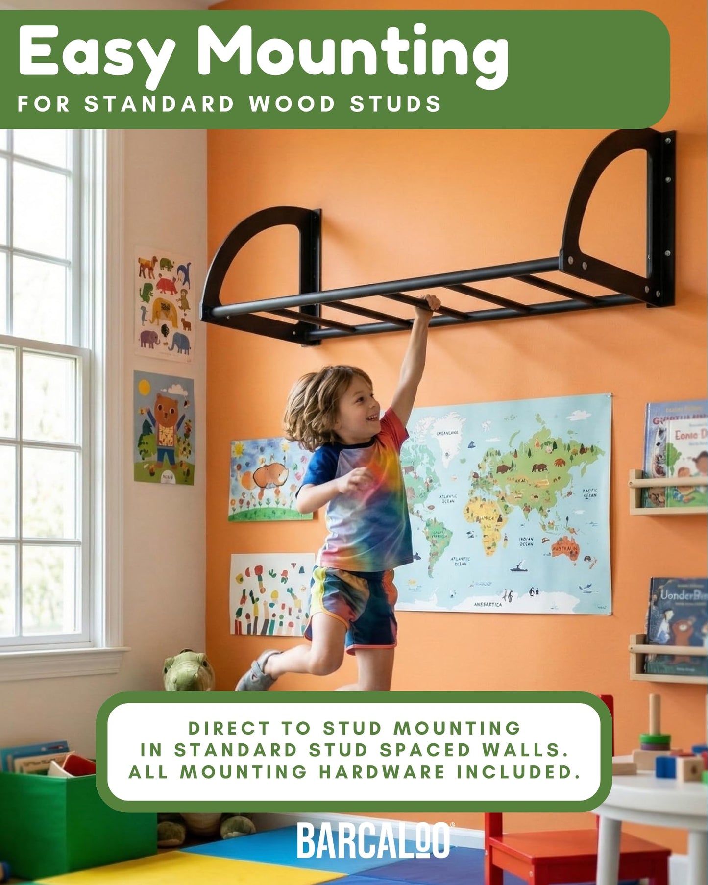 Barcaloo Kids Monkey Bars Indoor Playground Equipment, Jungle Gym for Climbing Indoors or Outdoor - 4ft Wall Mount Ceiling Alternative Climbers & Play Structures for Inside