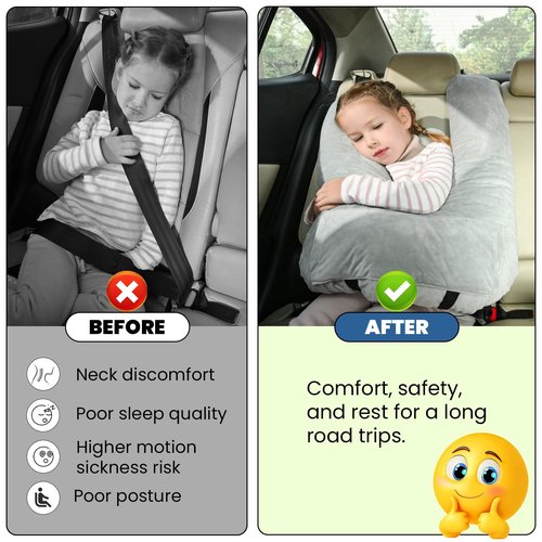 MOAOO Travel Pillow, Car Pillow for Kids & Adults, Kid Travel Sleeping Pillows for Neck & Body Support, Car Travel Essentials Pillow on Road Trips, Gray