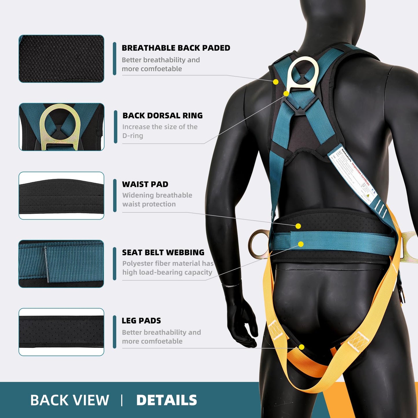 Golmudsafe Fall Protection Harness,Safety Harness Fall Protection for Construction/Roofing/Electrical Work,Upgrade Detachable Cushion bag&extra 30FT Rope