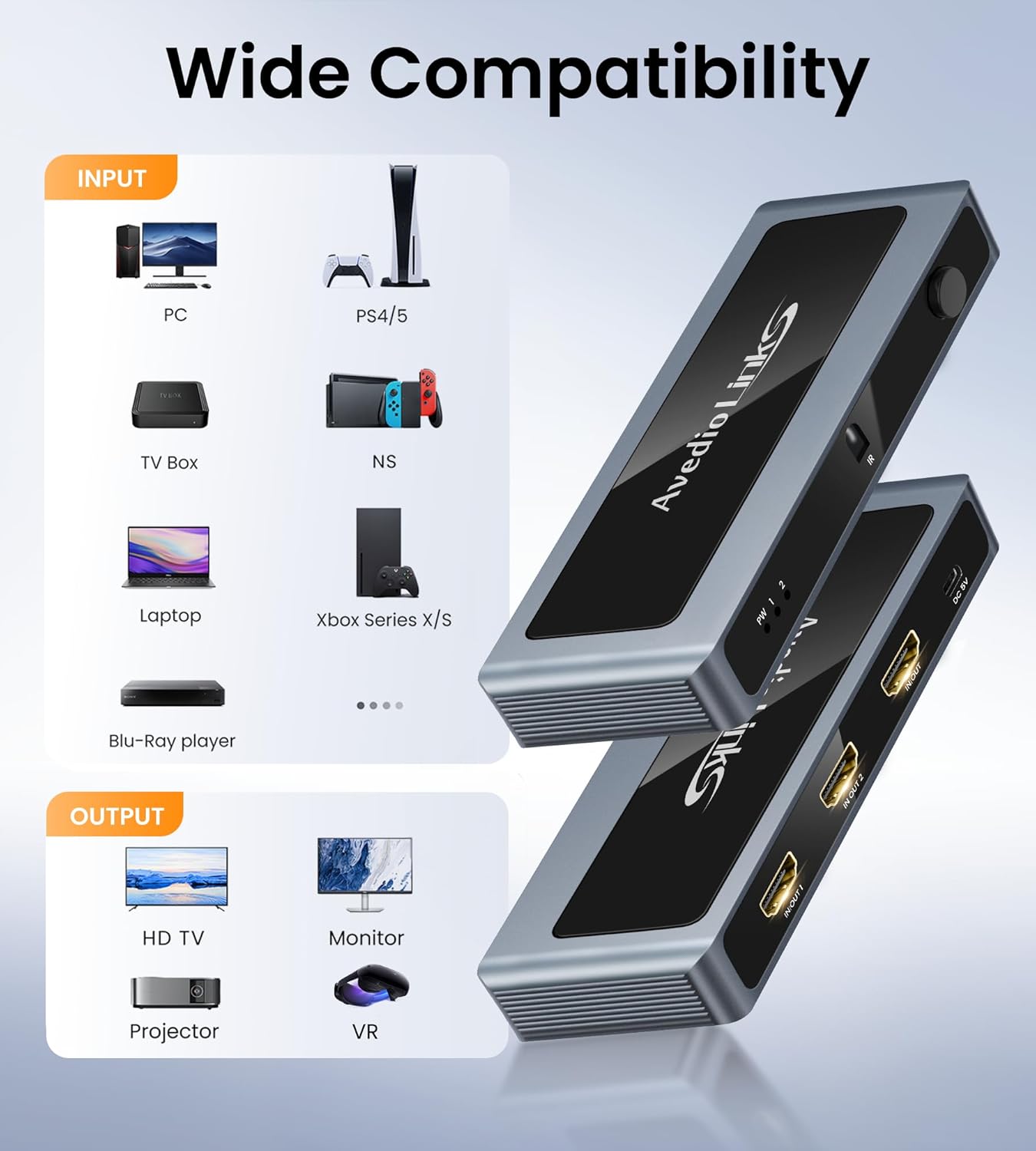 avedio links 8K 2.1 4K@120Hz 8K@60Hz, 2 1 2 1 PS5 HDMI Switch Bi-Directional in Out HDMI Switcher with Remote, Aluminum