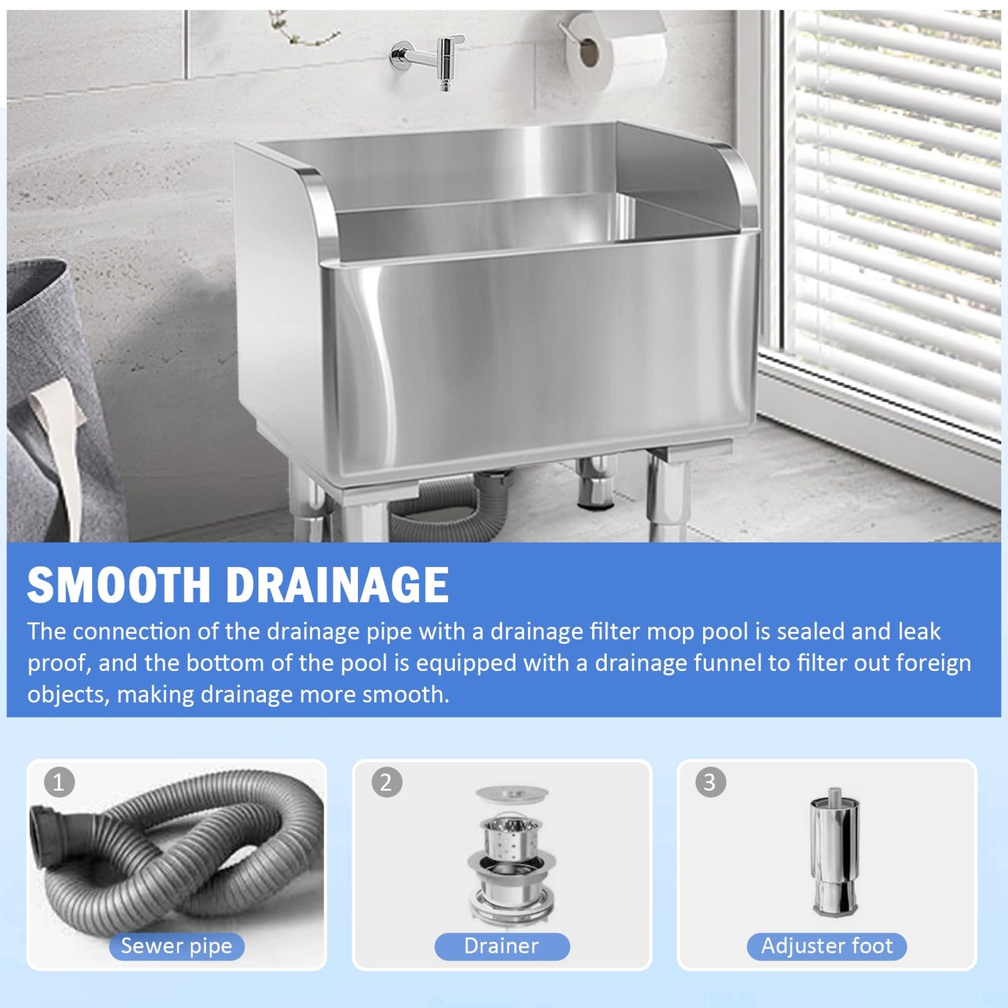Commercial Floor Mop Sink，Stainless Steel Mop Service Basin，Mop Cleaning Sink，Vertical industrial sewage tank for balconies, laundry rooms, industries, etc（23.6”×16.1”×21.6”)