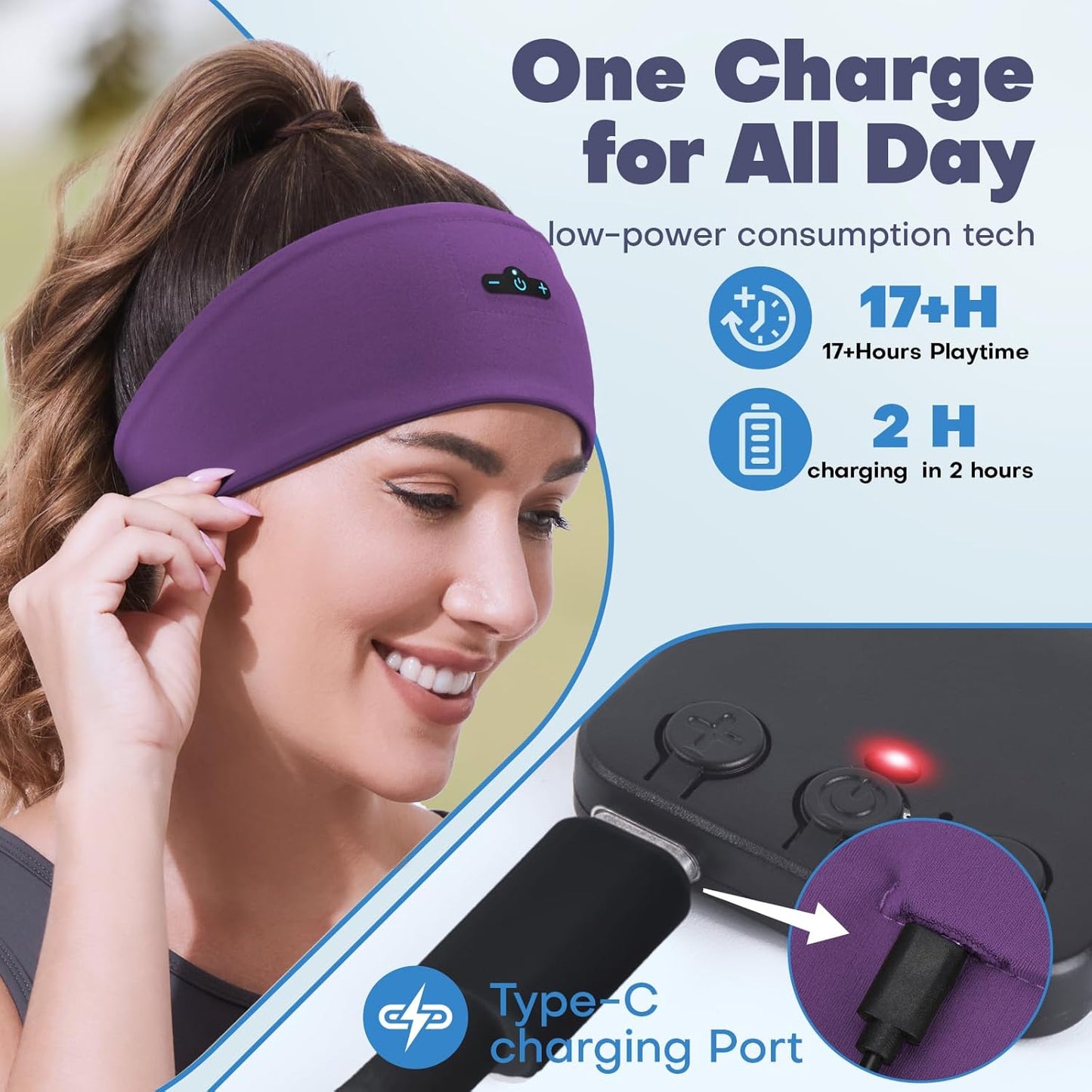 17H Sleep Headphones Bluetooth Headband for Side Sleeper, Playtime, Wireless Headband Headphones with HD Stereo