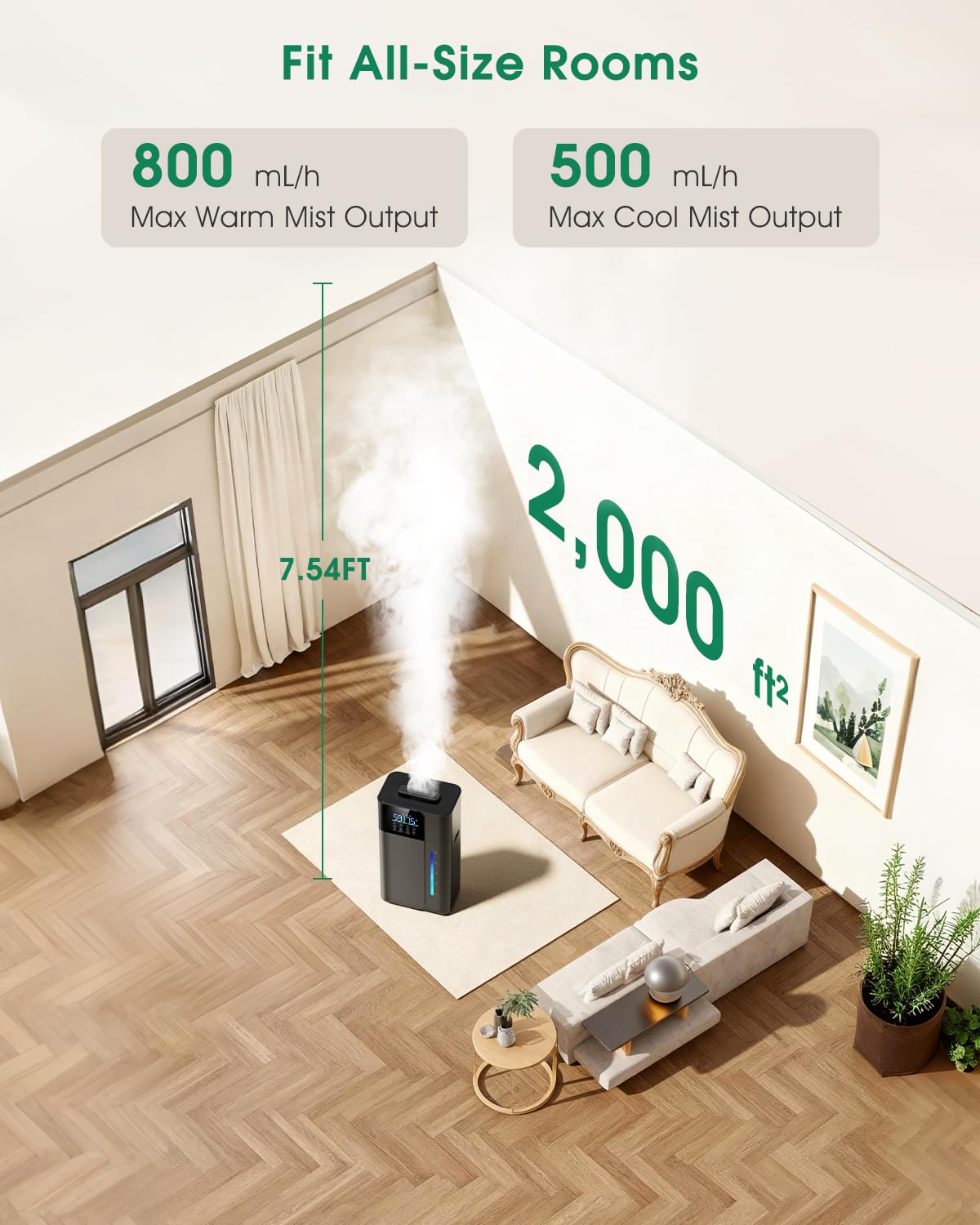 18L/4.7Gal Smart Humidifier Large Room, Warm & Cool Mist Humidifier for Bedroom, Up to 2500 sq ft Whole House Coverage, 800mL/h Output, Top Fill, 24H Timer, 70H Runtime, Humidifier for Home, Plant