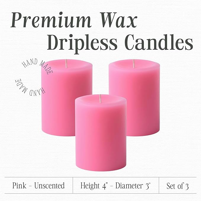 Mister Candle Dripless Unscented Pillar Candles, Set of 3 Hand Poured Solid Color Non-Scented Candles for Home Decor, Premium Wax, 60 Hr Burn Time - 3x4 Inch, Pink