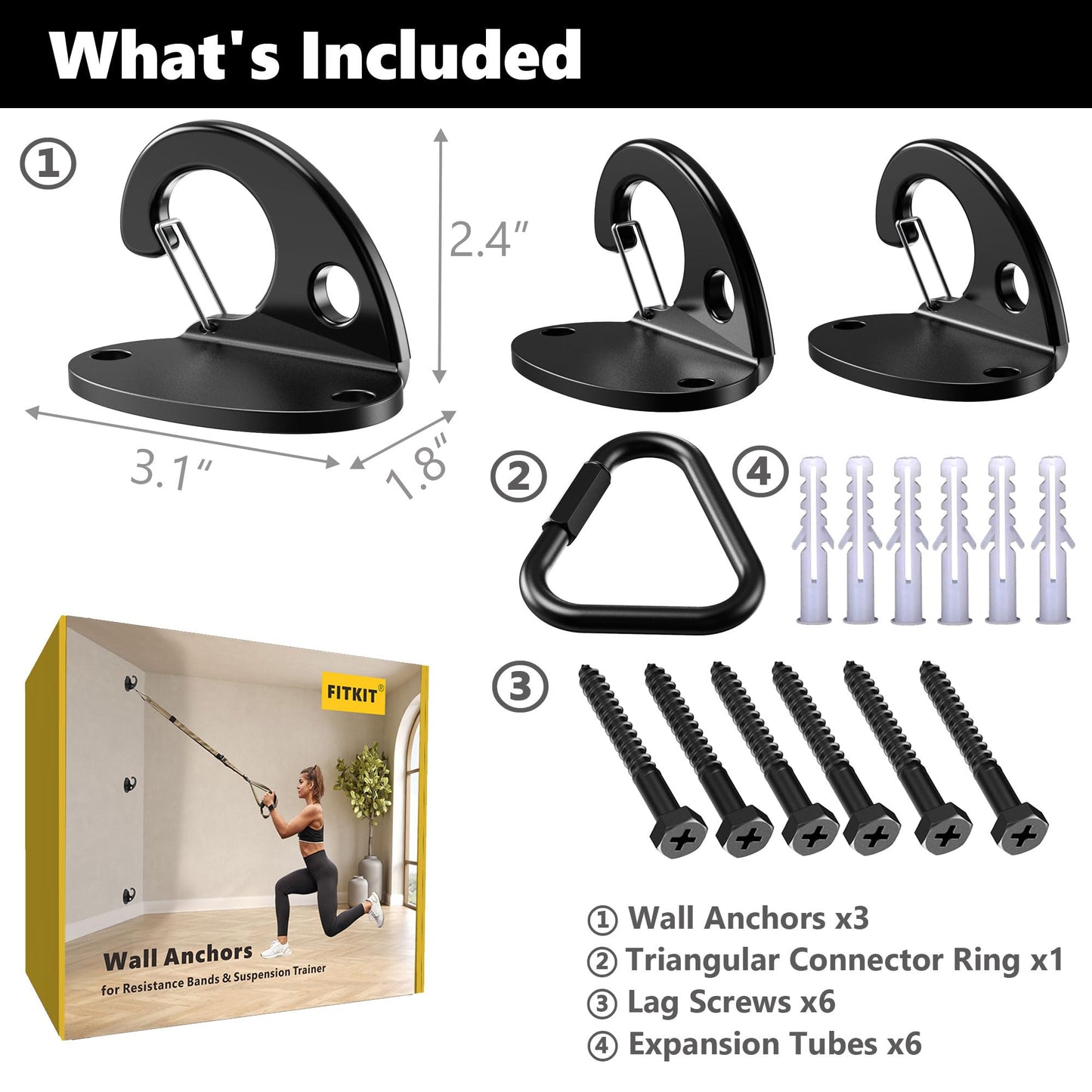FITKIT 3-Pack Wall Mount Anchor Kit for Resistance Bands, No-Weld Design for Home Gym, Suspension Straps & Physical Therapy
