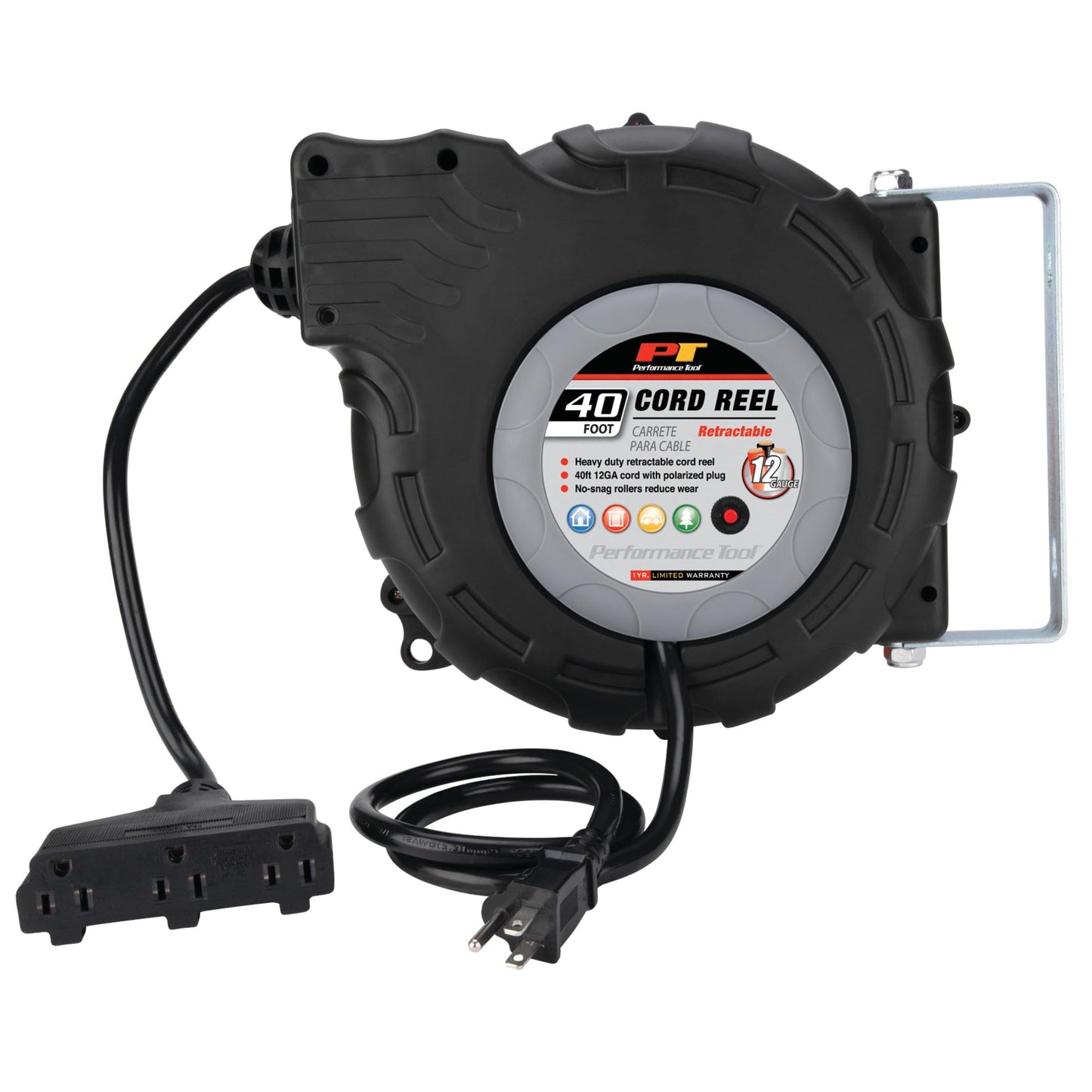 Performance Tool W2278 40ft 12-Gauge Retractable Power Cord Reel with Spring Loaded Auto-Rewind