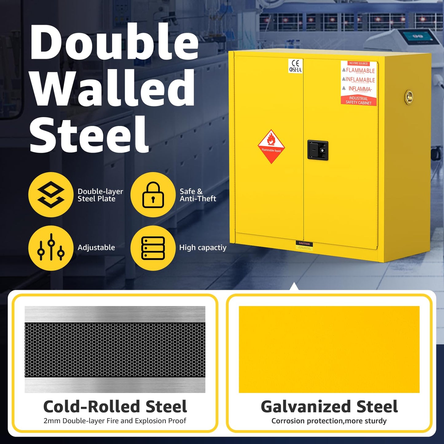 Vohala Flammable Storage Cabinet, 60 Gallon, 42.9" W x 18.1" D x 44.1" H, Wide Double-Wall Steel Fire Cabinet for Chemical Storage