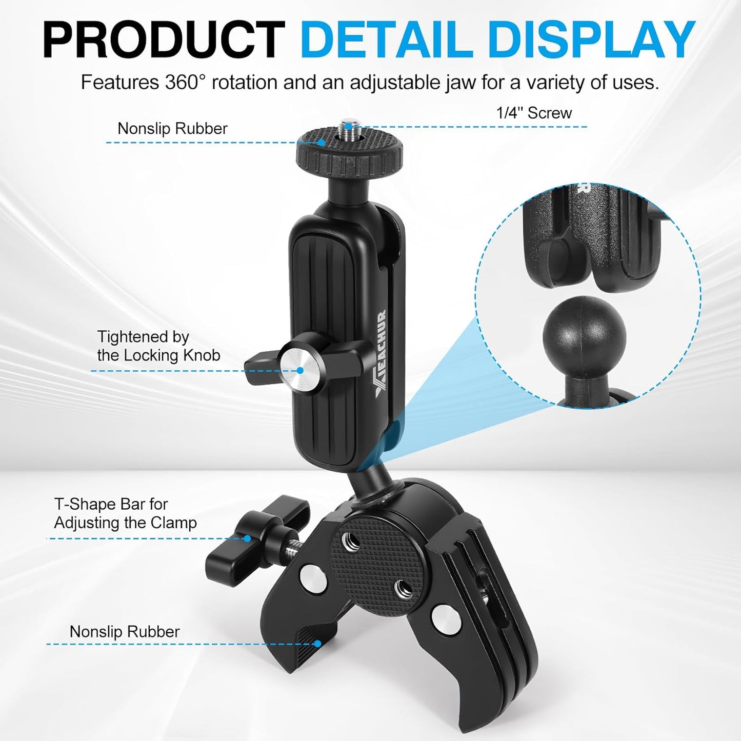 XIEACHUR 1/4 Inch Super Clamp Camera Mount Double Ball Head Magic Arm with Threads Universal Mount for Monitor Light