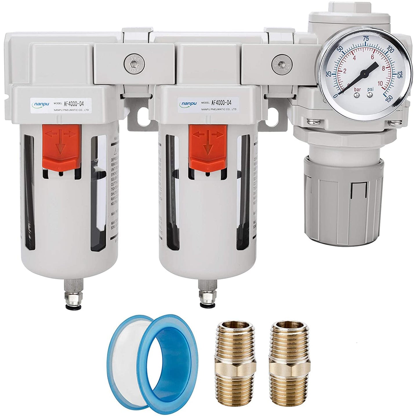 NANPU 3/4" NPT Air Drying System - Double Air Filters, Air Pressure Regulator Combo - Semi-Auto Drain, Poly Bowl