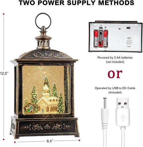 Musical Snow Globe Lantern by [Brand Name] - Lighted Church with Nativity Scene | Glittering Christmas Decoration, Battery or USB Powered