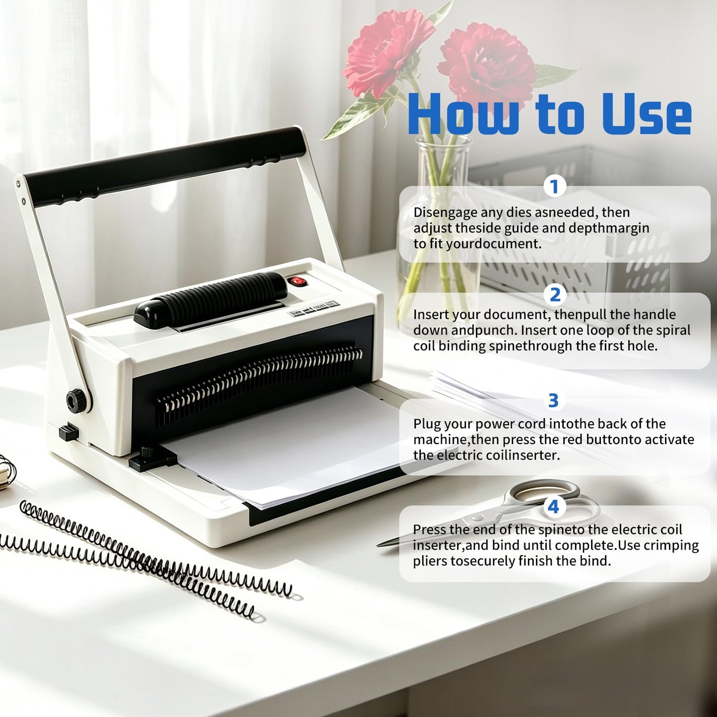 Vagbstu Spiral Coil Binding Machine with Electric Coil Inserter and Adjustable Side Margin, 20-Sheet Manual Punch,46 Fully Disengageable Dies,4:1 Pitch,Binds up to 500 Sheets - Includes 100 Coils