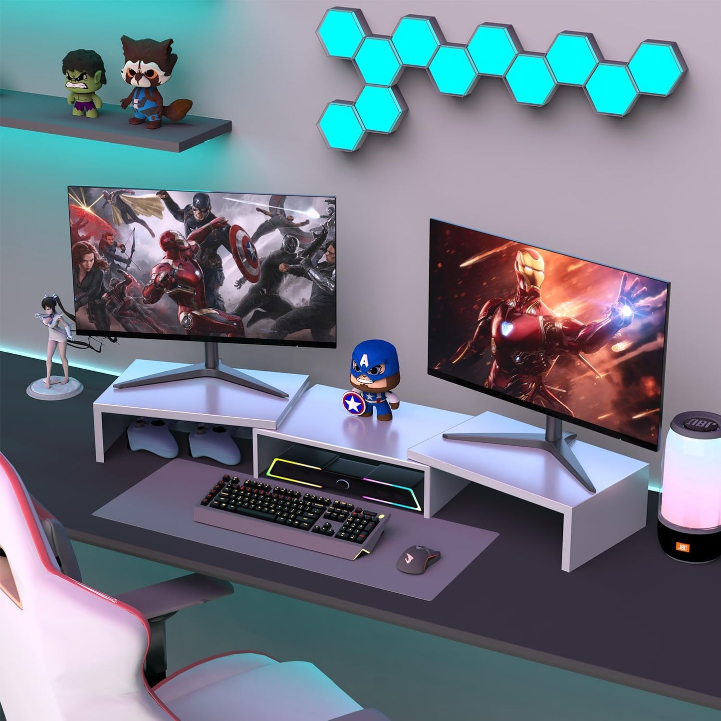 Dual Monitor Stand for Desk, Metal Computer Stand, Desk Shelf Riser,Desktop Organizer for Home and Office Use (White)