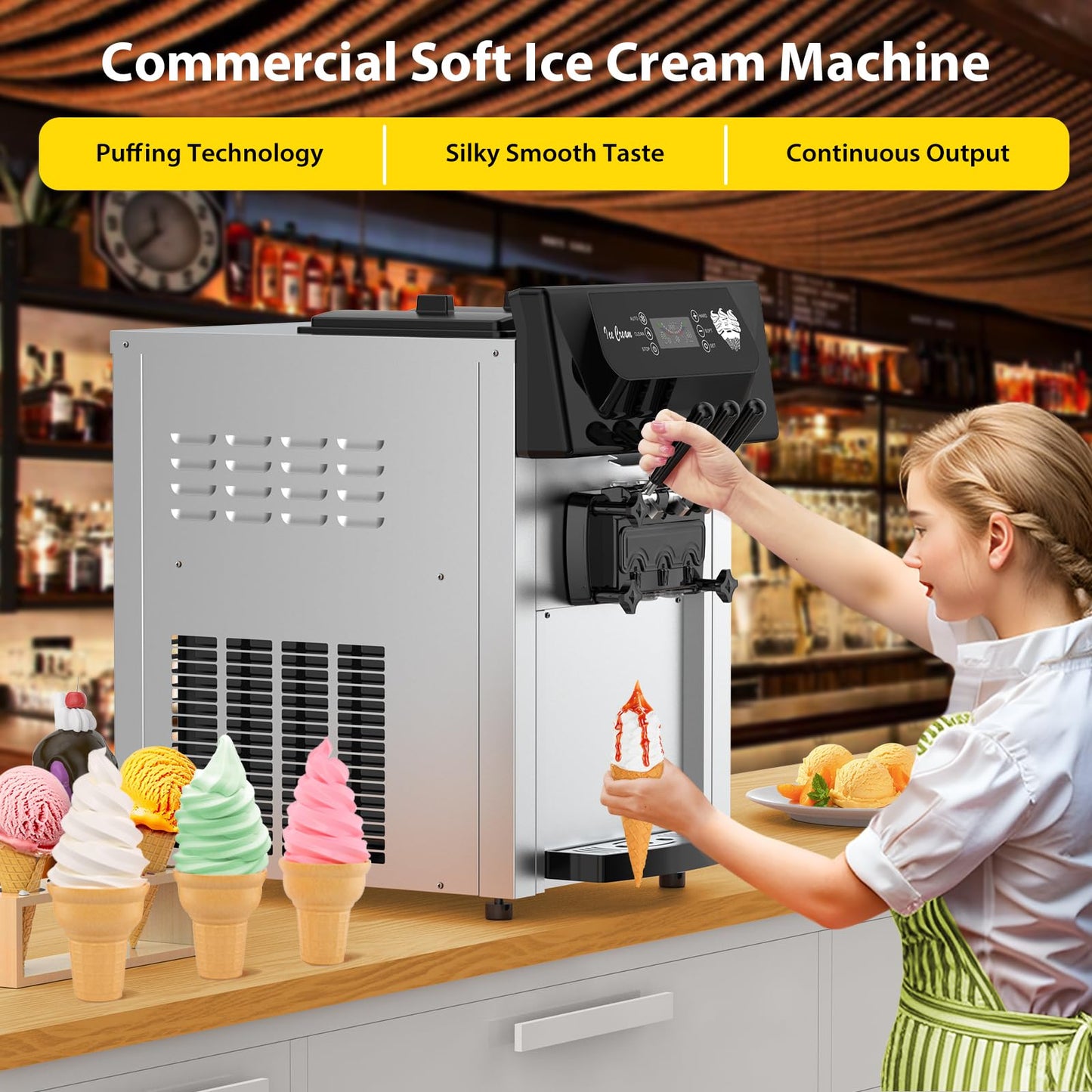 PioneerWorks Commercial Ice Cream Maker,2200W, 5.3 to 7.4 Gal/Hour, 3 Flavors Commercial Soft Ice Cream Machine with LED Display, Perfect for Restaurants Snack Bar