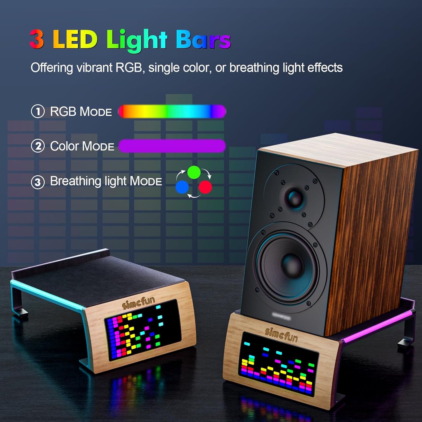 SIMCFUN Desktop RGB Tilt Speaker Stands with Dynamic LED Spectrum Analyzer-Vibration Absorption Pad-Small and Medium