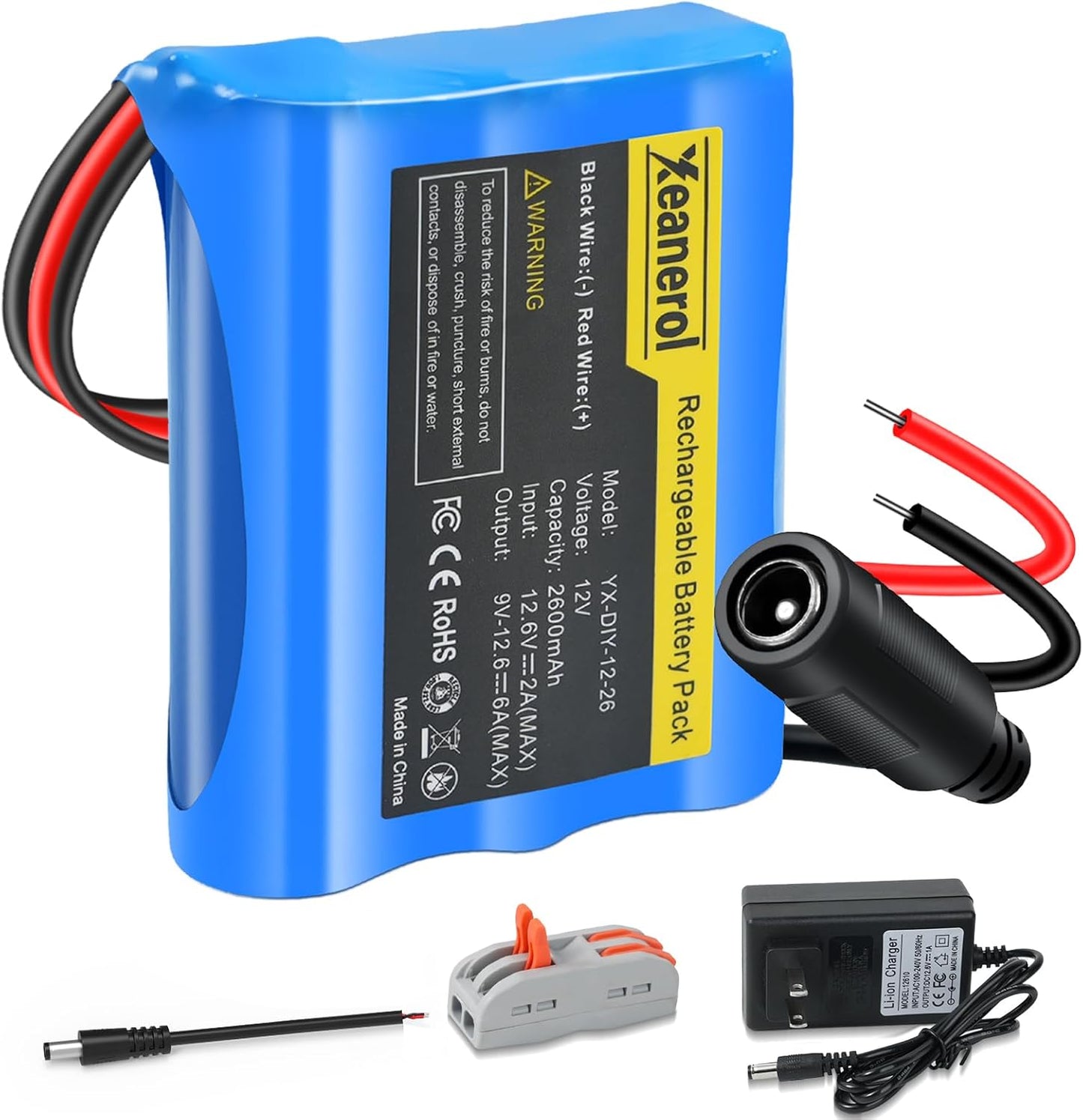 Xeanerol 12V 2600mAh Pack 12 Rechargeable Li-ion Battery with Charger, Bare Leads Wire Replacement Lithium Battery
