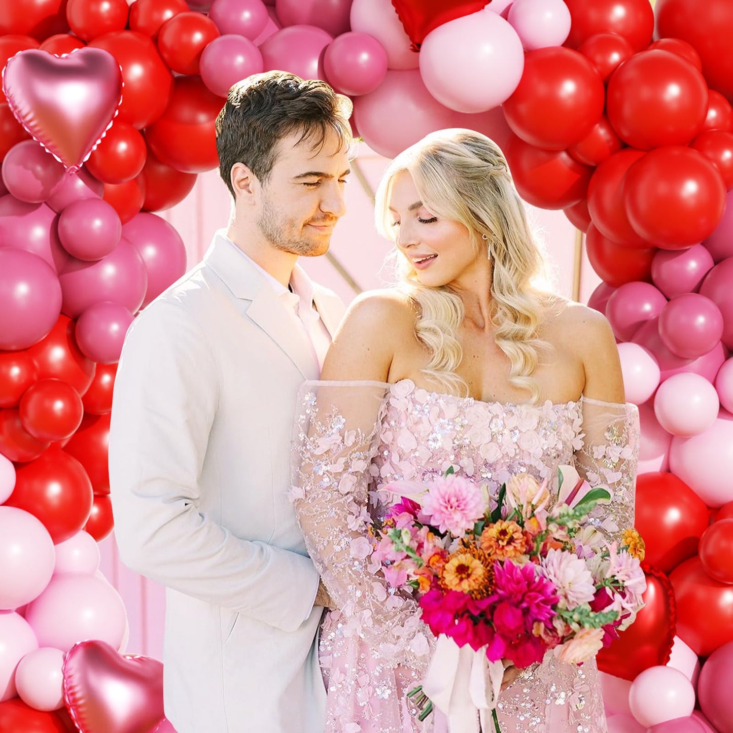 Valentines Day Balloon Arch Kit, Valentine Pink Red Heart Balloons with Rose Petals for Bachelorette Bridal Wedding Memorial Engagement Birthday Galentines Romantic Valentines Party Decorations