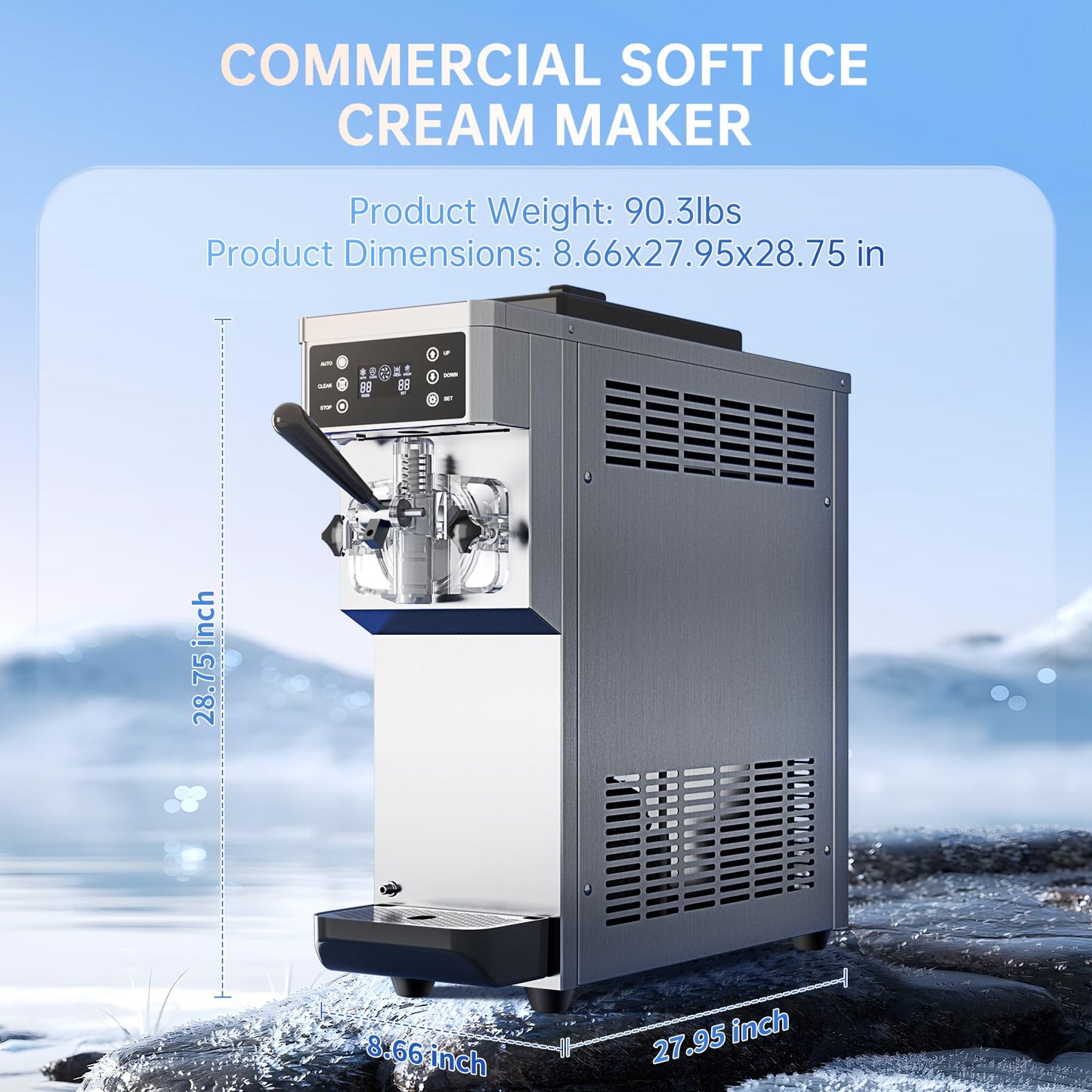Commercial Ice Cream Maker Machine 1200W Single Flavor Soft Serve Ice Cream Machine 3.2 to 4.2 Gal/H 110V Ice Cream Machine with Pre-Cooling, Auto Clean, 6L Hopper for Restaurant Snack Bar