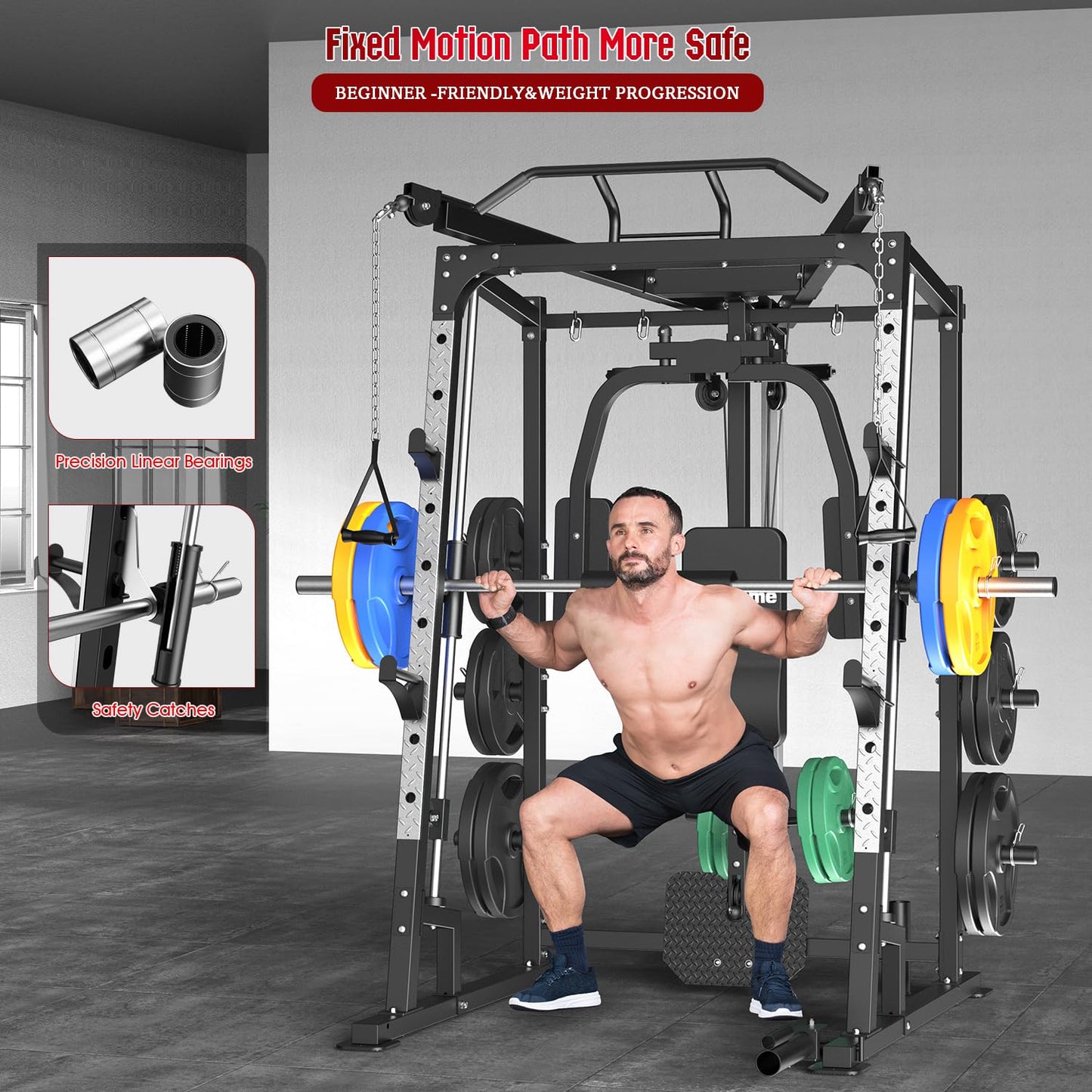 SunHome Smith Machine, Power Cage Squat Rack with Smith Bar, LAT Pull-Down Systems, Cable Crossover Machine and Cable Attachment for Home Gym